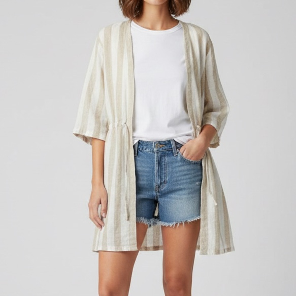 Charlie Paige Beige and White Linen‎ Open Front Crdigan Coverup Women's O/S